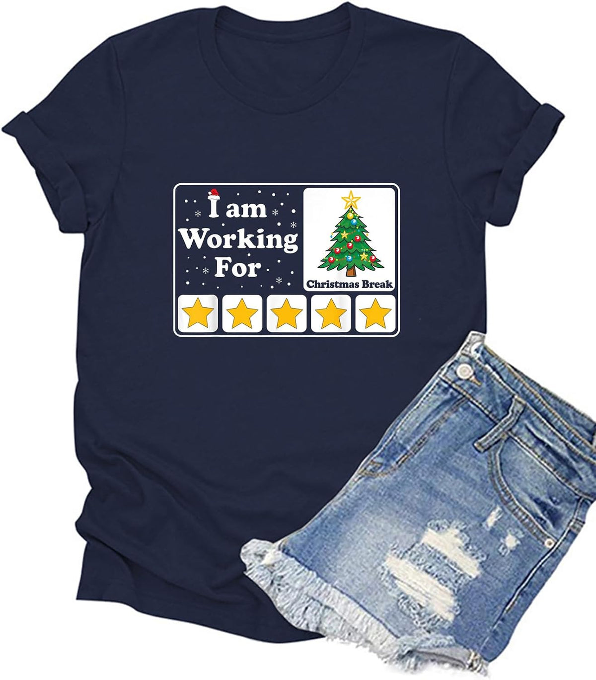 HONTOUTE I Am Working for Christmas Break Womens Shirt Xmas Tree Graphic Short Sleeve Christmas Work Crewneck Tees Tops -