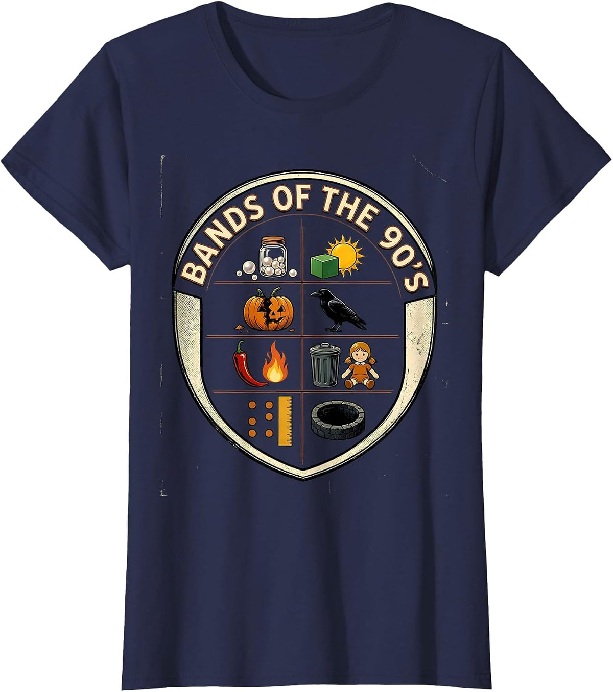 Women's Bands Of The 90's Vintage Retro Music Trivia Rebus Humor T-Shirt - Navy Blue