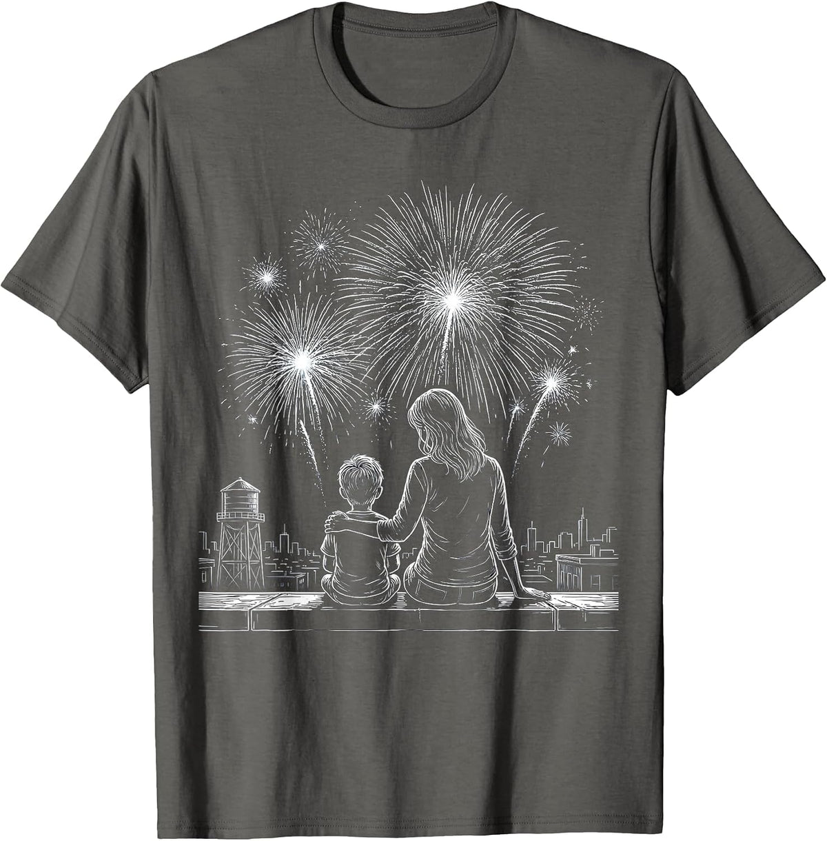 Boy Mama Rooftop Fireworks Mother Son Design T-Shirt - Asphalt Grey