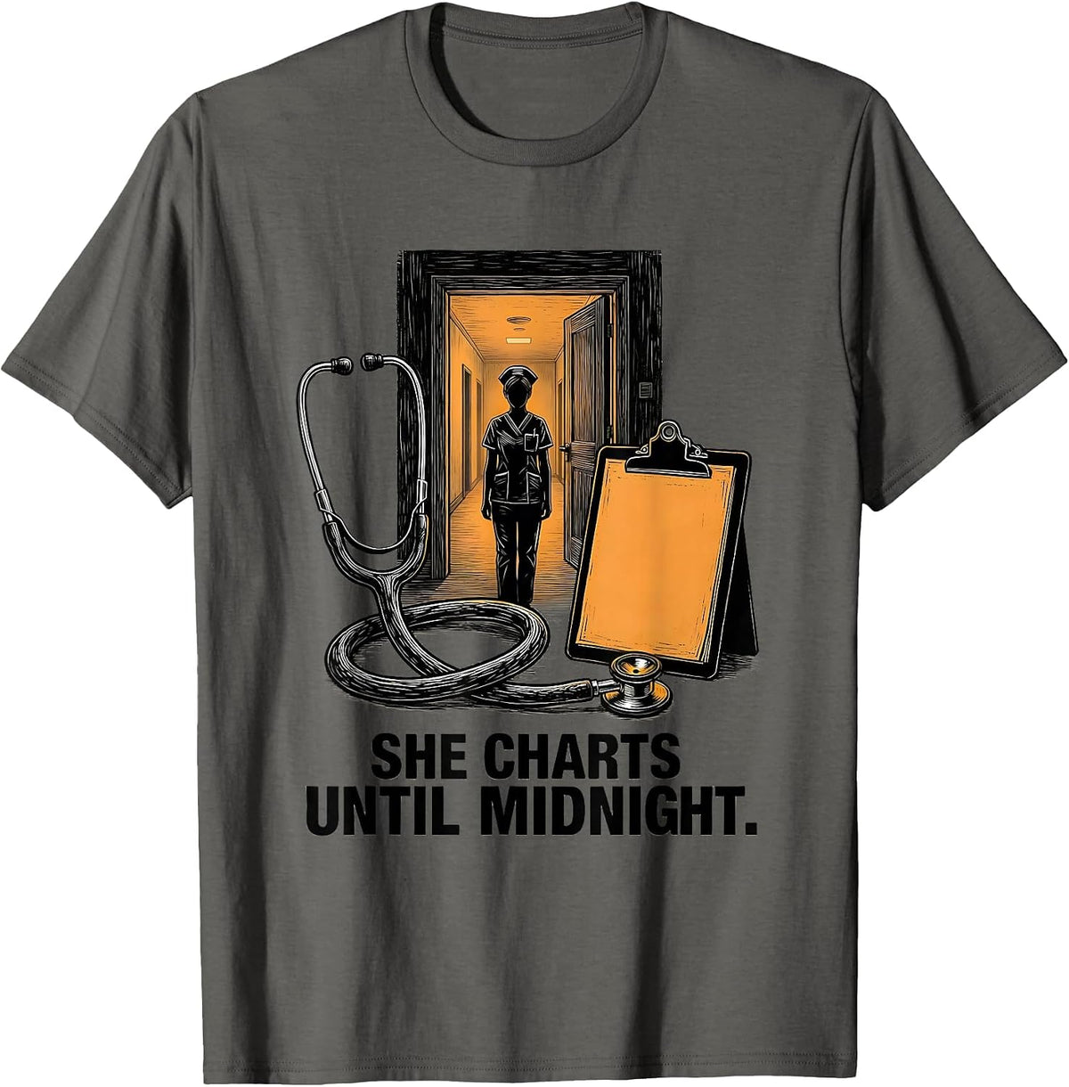 Men's She Charts Until Midnight Funny Nurse Stethoscope RN Humor T-Shirt - Asphalt Grey