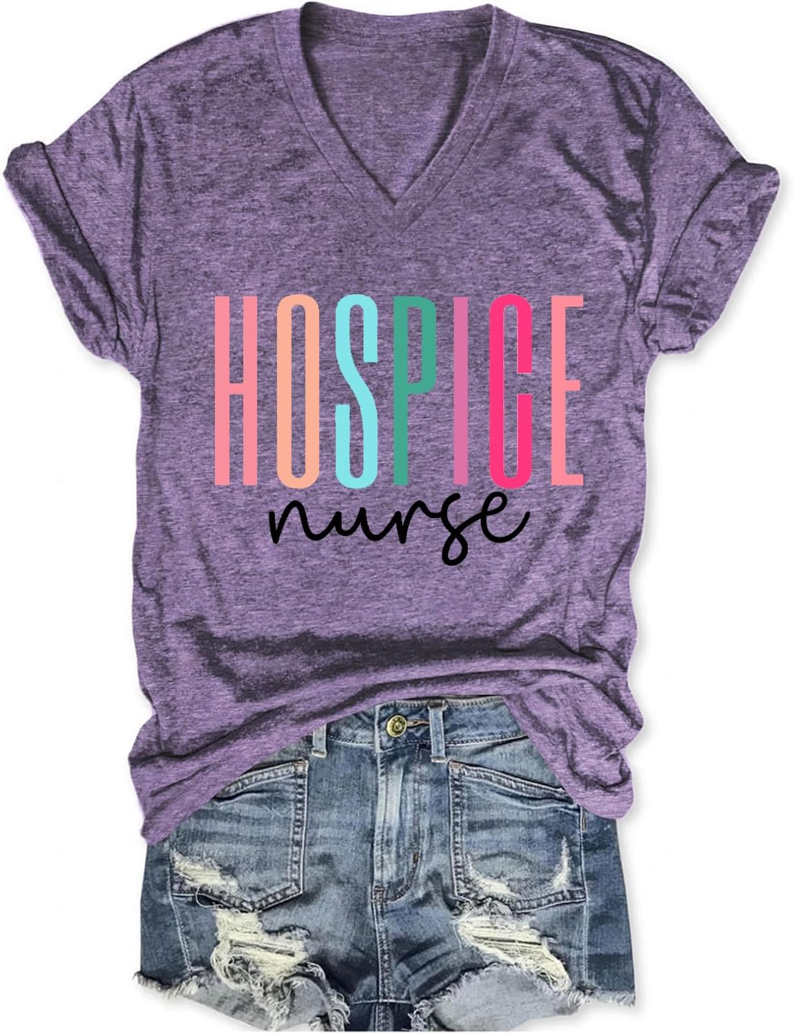 Hospice Nurse T Shirts for Women, Nurse Life Letter Print Tops Casual V Neck Tees Loose Fit Short Sleeve Tshirts - Purple