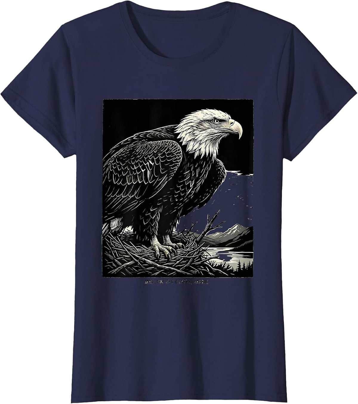 Women's May You Fly Gently, Jackie Linocut Bald Eagle Memorial T-Shirt - Navy Blue