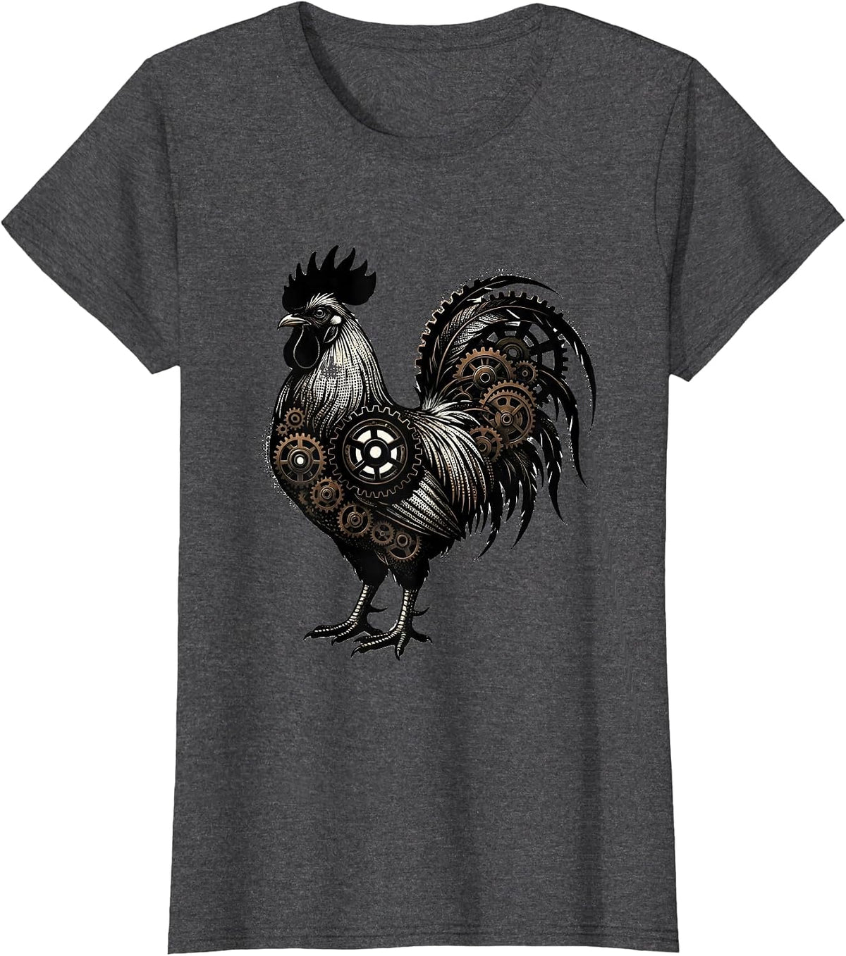 Women's Rooster Gear Illustration Mechanical Art Design T-Shirt - Dark Heather Grey