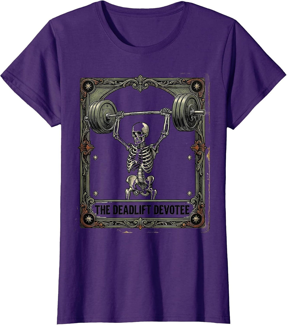 Women's The Deadlift Devotee Vintage Skeleton Tarot Card Gym Humor T-Shirt - Purple