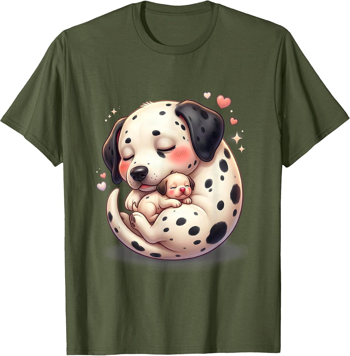 Men's Dalmatian Mom Curled Around Sleeping Newborn Puppy T-Shirt - Olive Green