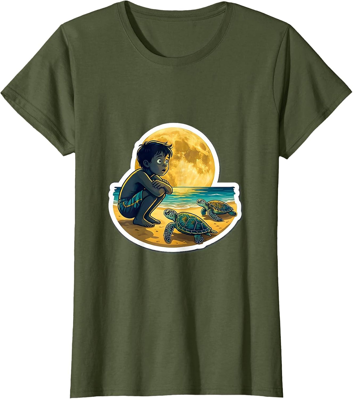 Women's Boys Hawaiian Sea Turtle Nesting Moonlit Beach T-Shirt - Olive Green