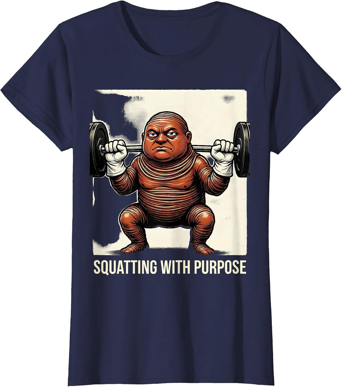 Women's Squatting With Purpose Retro Cartoon Funny Gym Weightlifting T-Shirt - Navy Blue