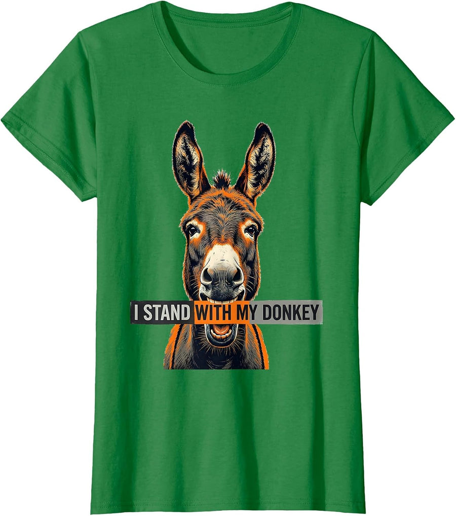 Women's I Stand With My Donkey Funny Donkey Mask Animal Lover Humor T-Shirt - Kelly Green