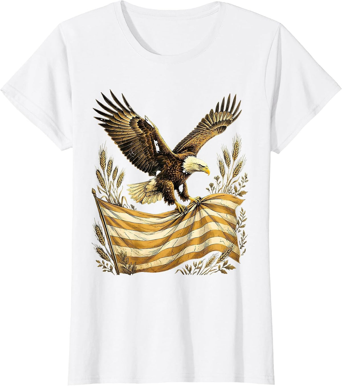 Women's Bald Eagle in Flight Over Waving Flag Illustration T-Shirt - White