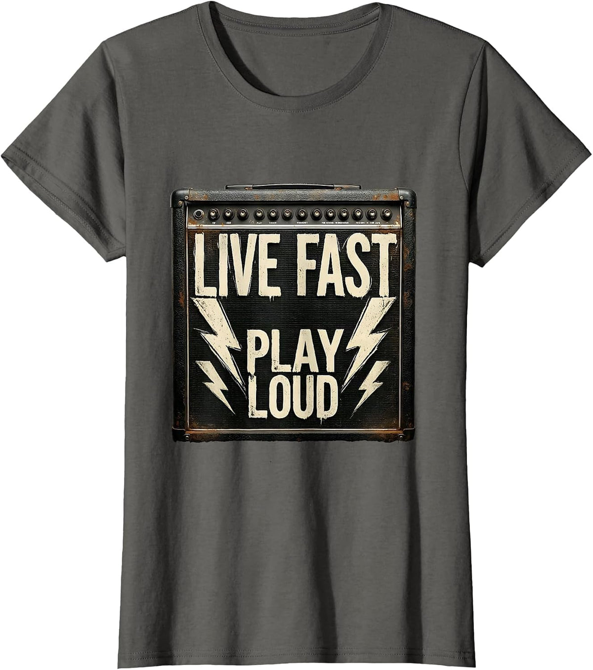 Women's Live Fast Play Loud Heavy Metal Graphic Design T-Shirt - Asphalt Grey