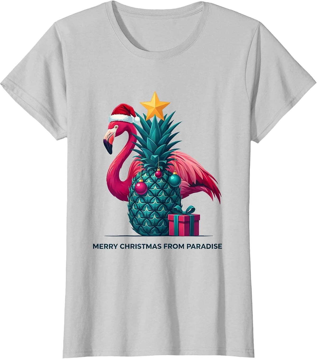 Merry Christmas From Paradise Funny Pink Flamingo Christmas T-Shirt - Silver Grey