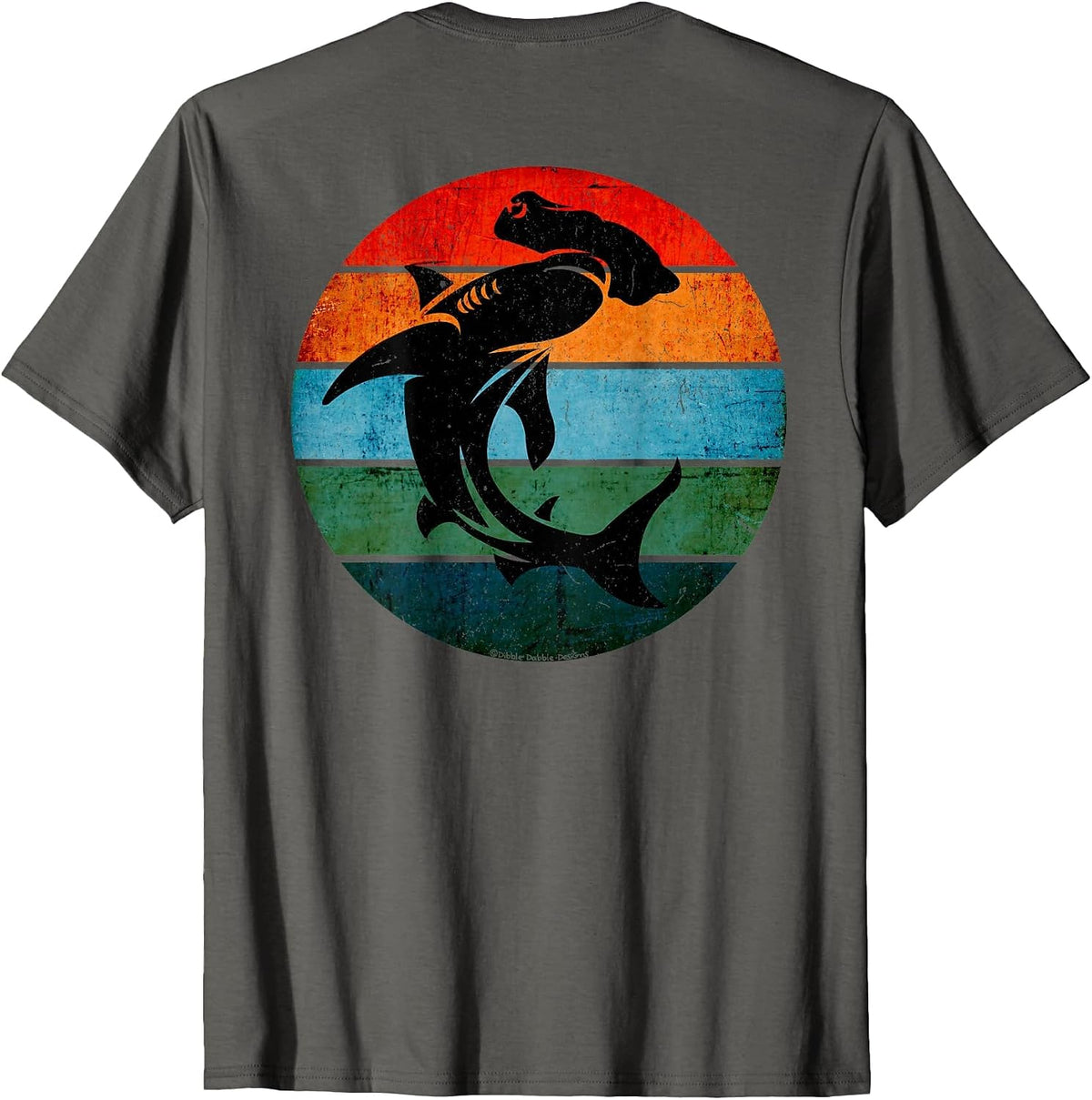 On Back. Cool Grunge Hammerhead Shark on Retro Sun Shark T-Shirt - Asphalt Grey