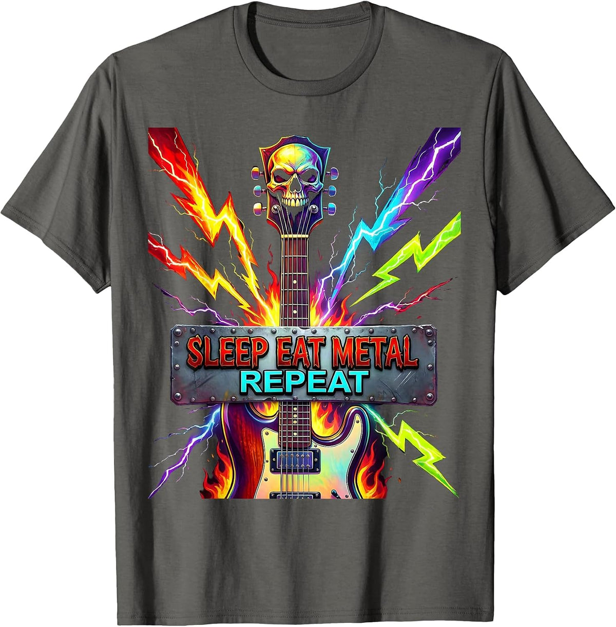 Sleep Eat Metal Repeat Heavy Music Lover Design T-Shirt - Asphalt Grey