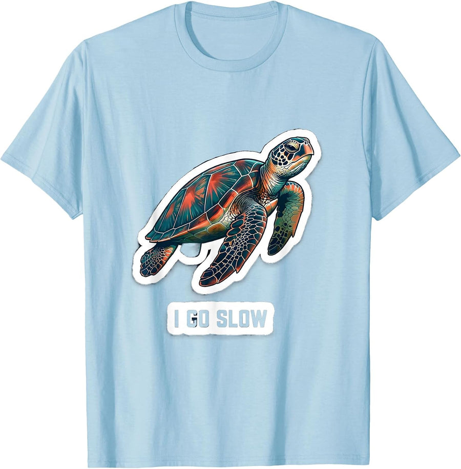 Men's I Go Slow Sea Turtle Ocean Animal Tropical Vacation Sticker T-Shirt - Baby Blue