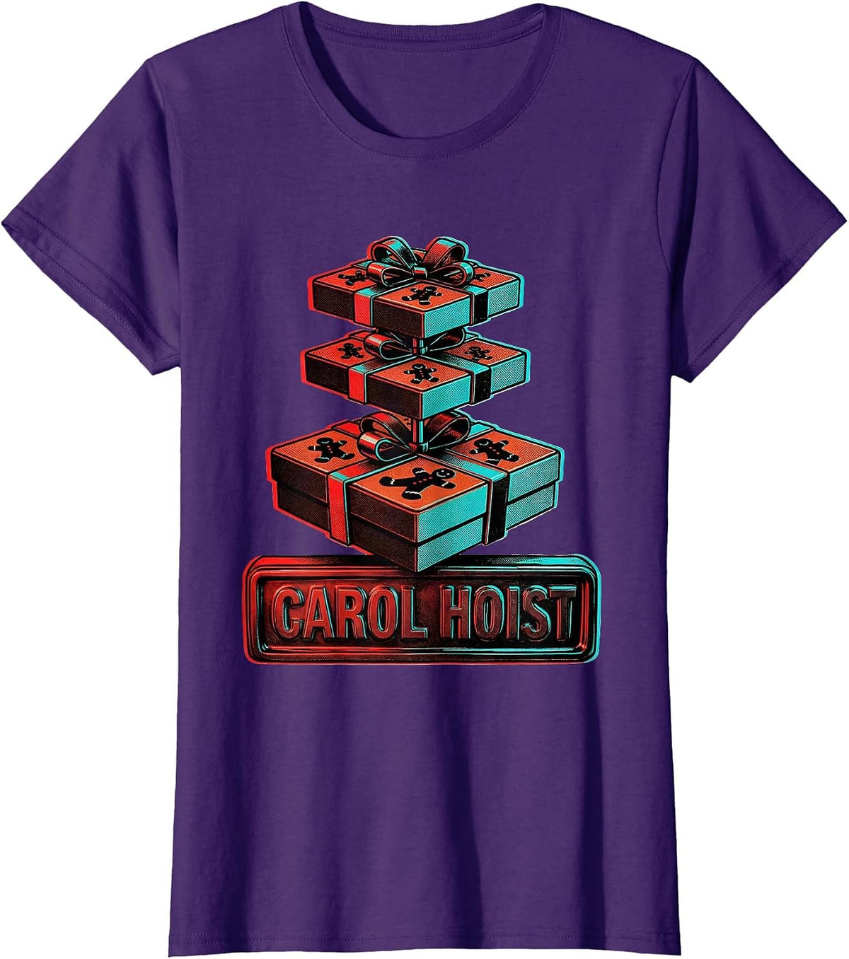 Women's Carol Hoist Pop Art Christmas Gingerbread Gym Weightlifting T-Shirt - Purple
