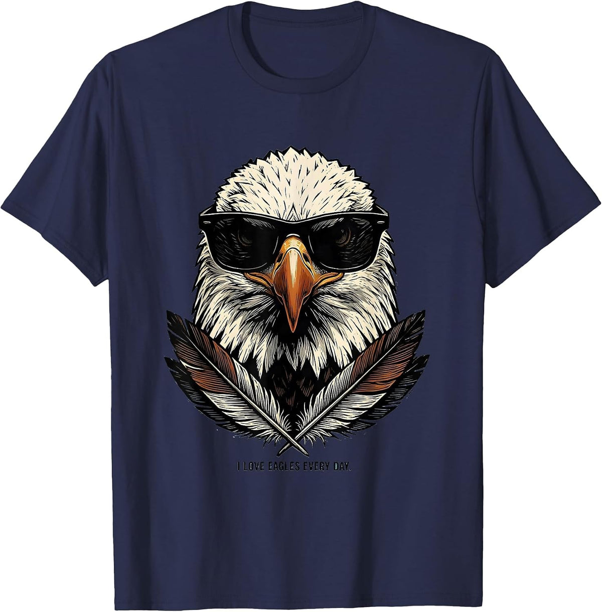 Men's I Love Eagles Every Day Funny Bald Eagle Sunglasses Linocut T-Shirt - Navy Blue