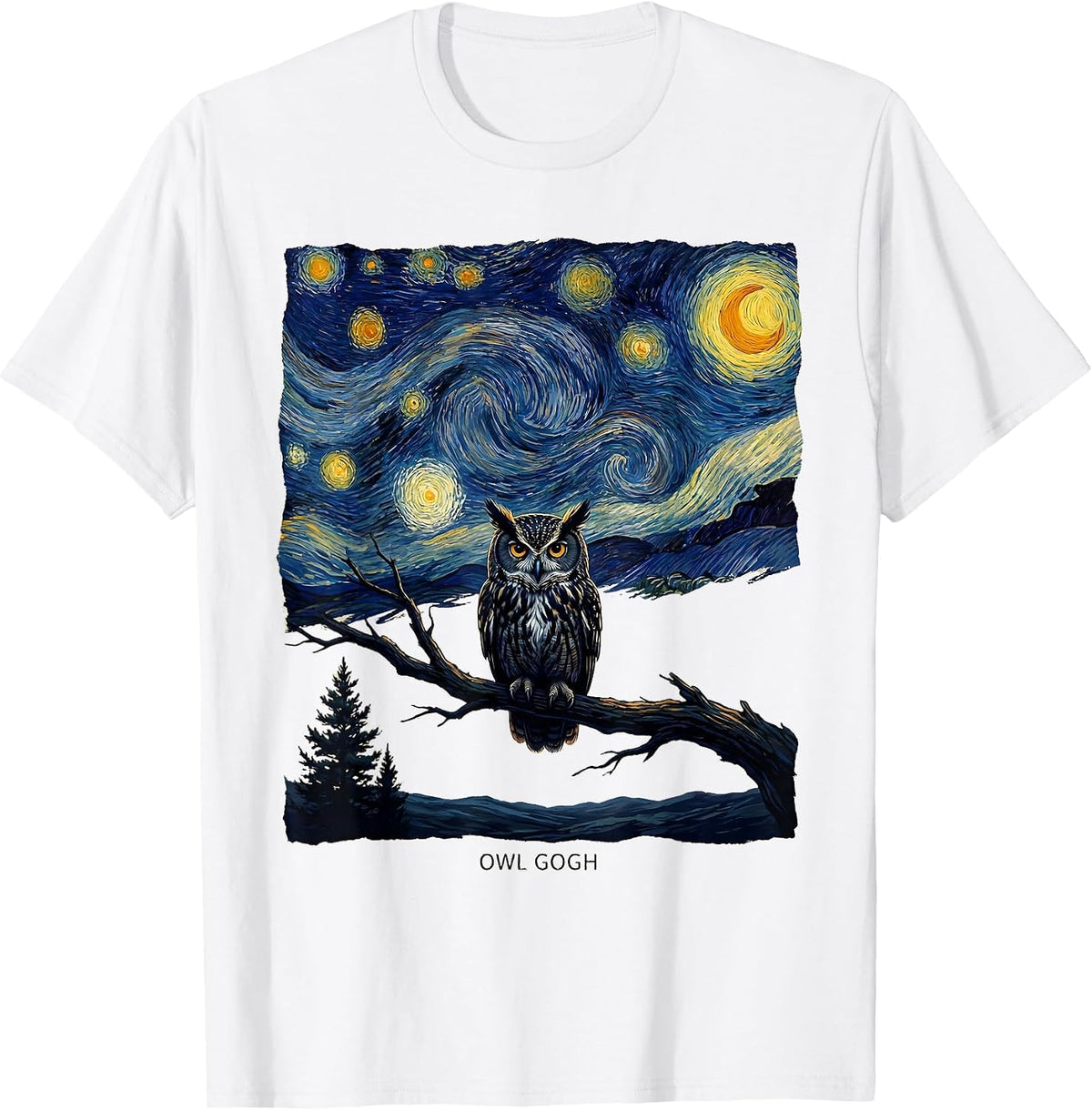Men's Owl Gogh Whimsical Van Gogh Starry Night Animal Lover T-Shirt - White