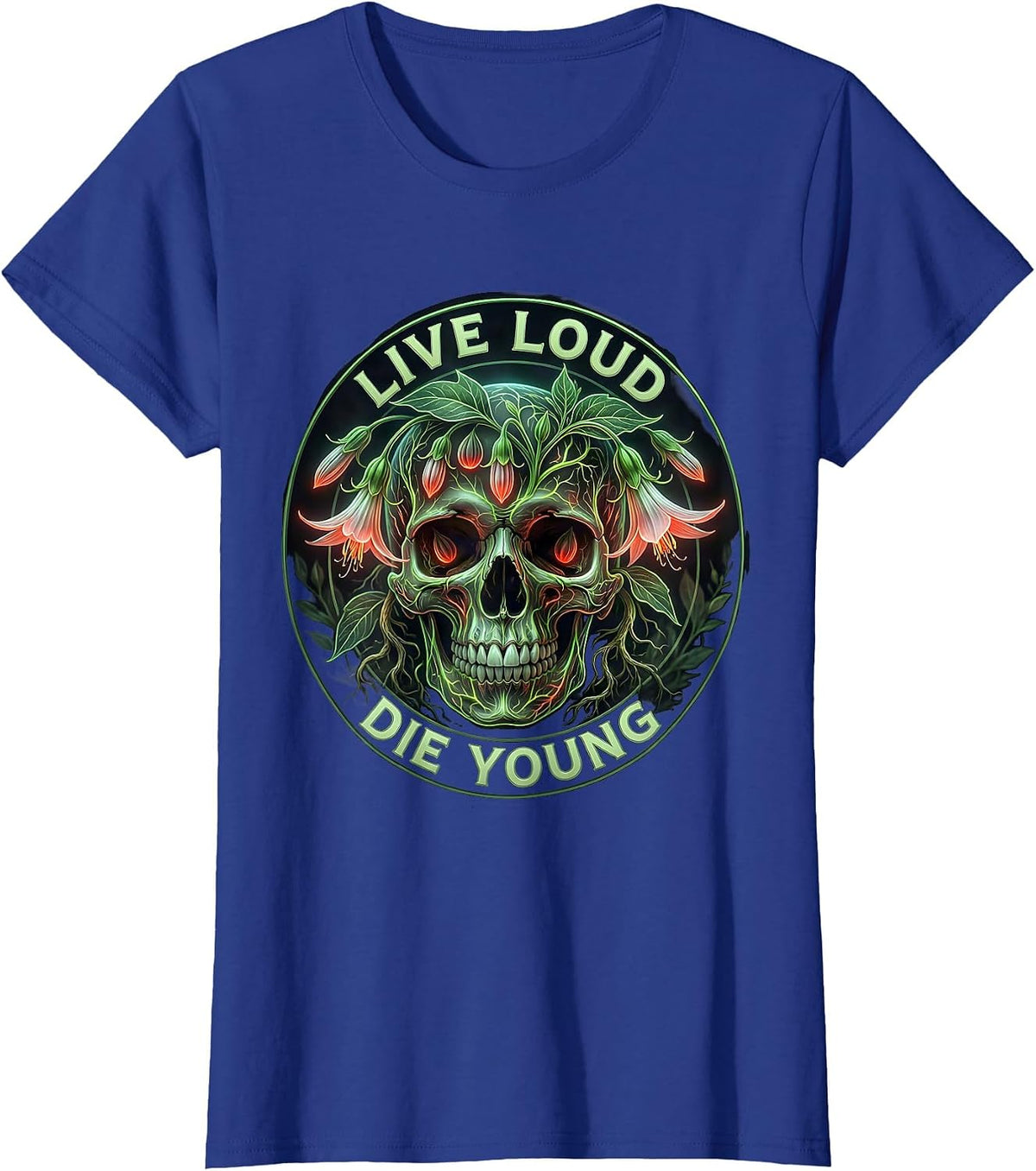 Women's Live Loud Die Young 80s Rock Band Design T-Shirt - Royal Blue