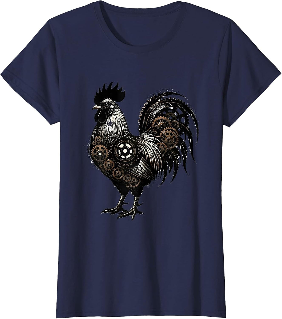 Women's Rooster Gear Illustration Mechanical Art Design T-Shirt - Navy Blue