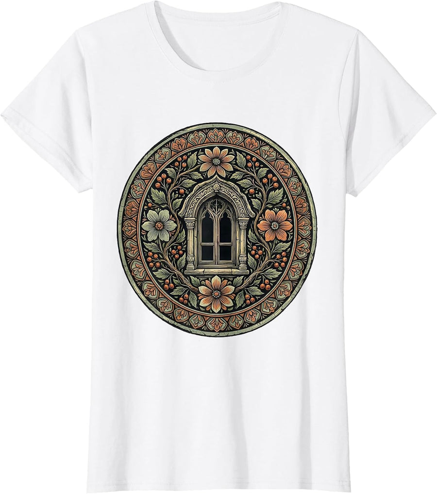 Women's Cottagecore Stone Window Climbing Vines Floral T-Shirt - White
