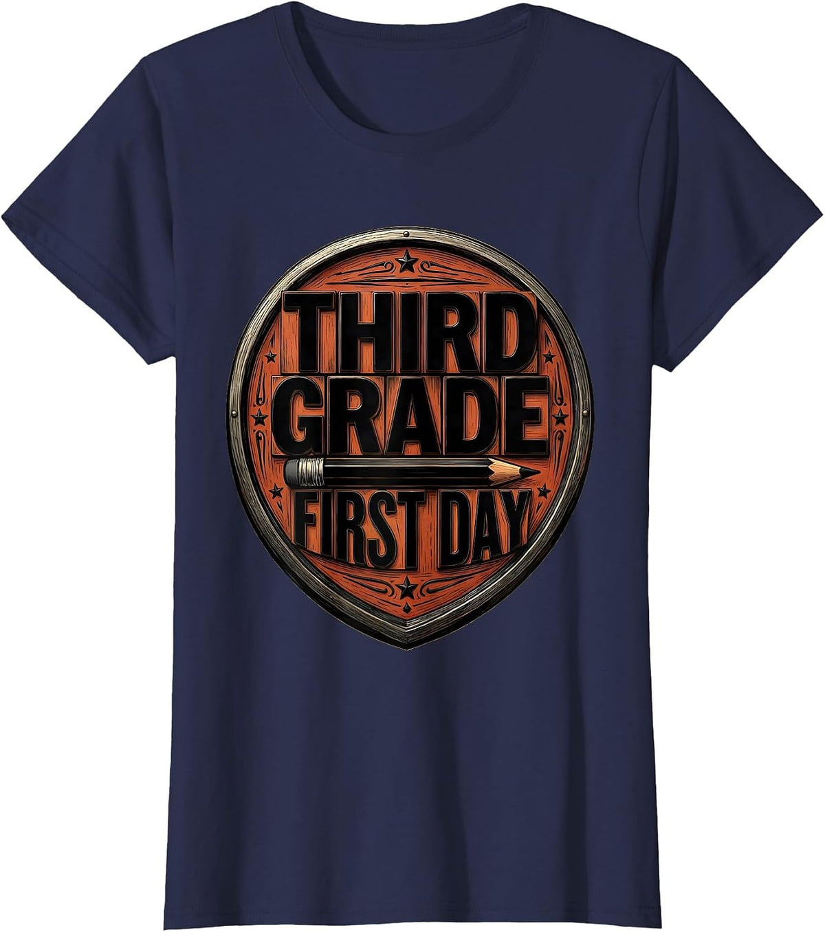 Women's Third Grade First Day Wood Type Letterpress Back to School T-Shirt - Navy Blue