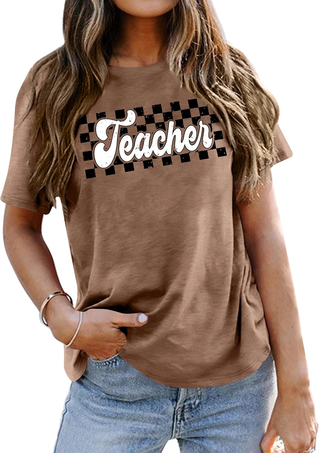 Teacher Shirts Women Vintage Teacher Graphic Tshirt Teacher Life T Shirt Kindergarten Teachers Tees Casual Tops - Brown