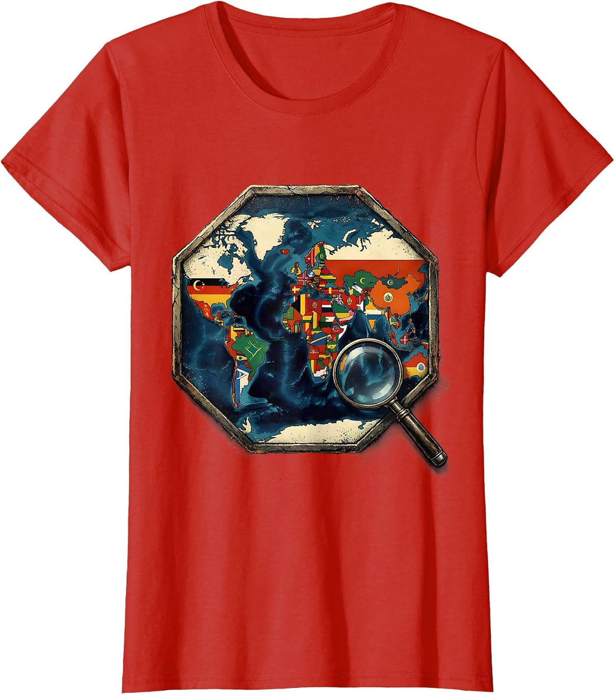Women's World Flags Map Geography Enthusiast Distressed Travel Lover T-Shirt - Red
