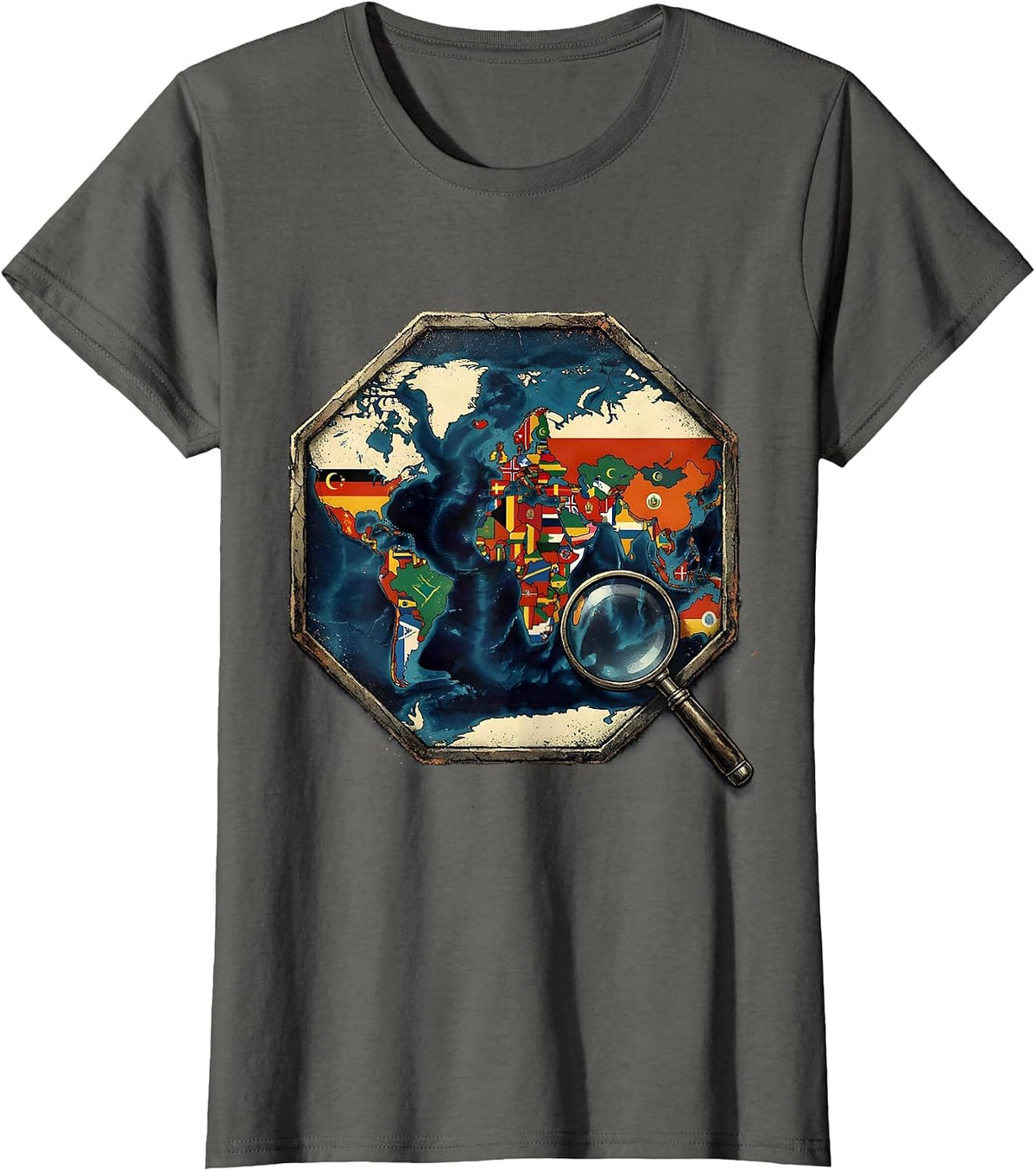 Women's World Flags Map Geography Enthusiast Distressed Travel Lover T-Shirt - Asphalt Grey