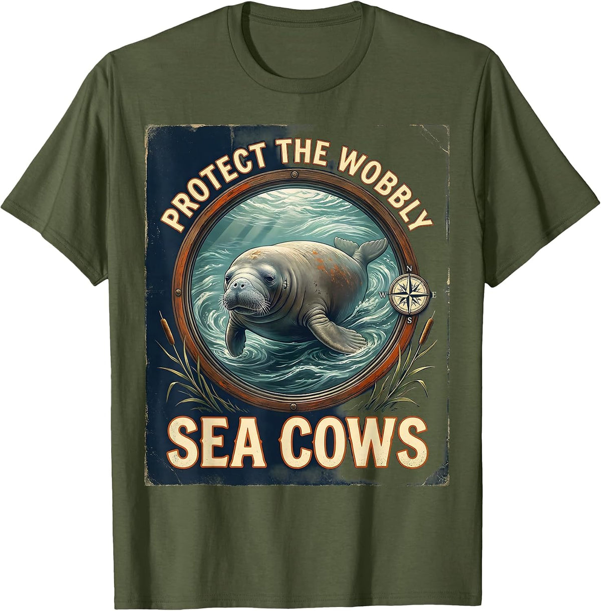 Men's Protect The Wobbly Sea Cows Vintage Manatee Lover Crystal T-Shirt - Olive Green