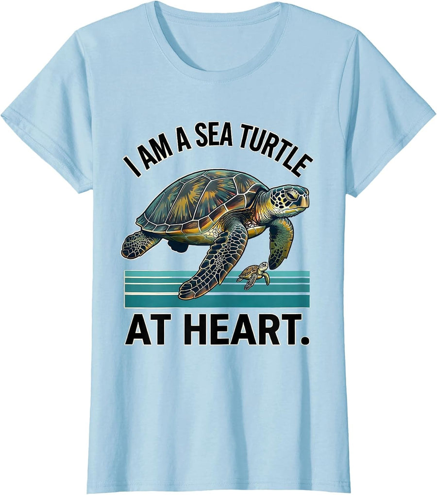 Women's I Am A Sea Turtle At Heart Midcentury Modern Ocean Animal T-Shirt - Baby Blue