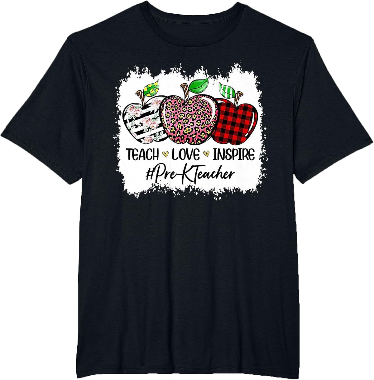 Teach Love Inspire Pre-k Teacher Apple Leopard Red Plain T-Shirt - Black