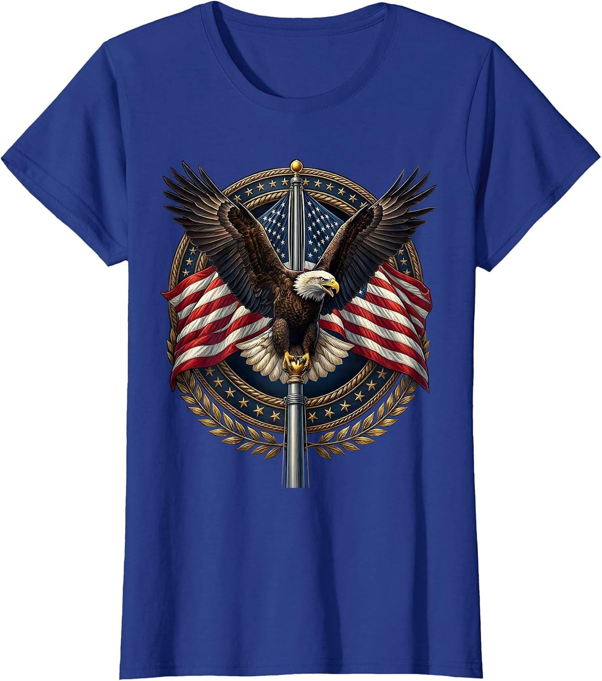 Women's Bald Eagle American Flag Pole Patriotic Design T-Shirt - Royal Blue