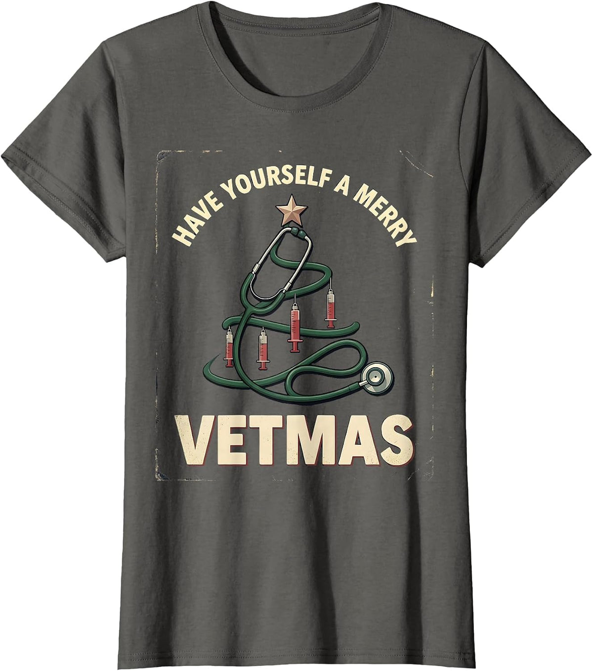 Women's Have Yourself A Merry Vetmas Vintage Funny Vet Tech T-Shirt - Asphalt Grey