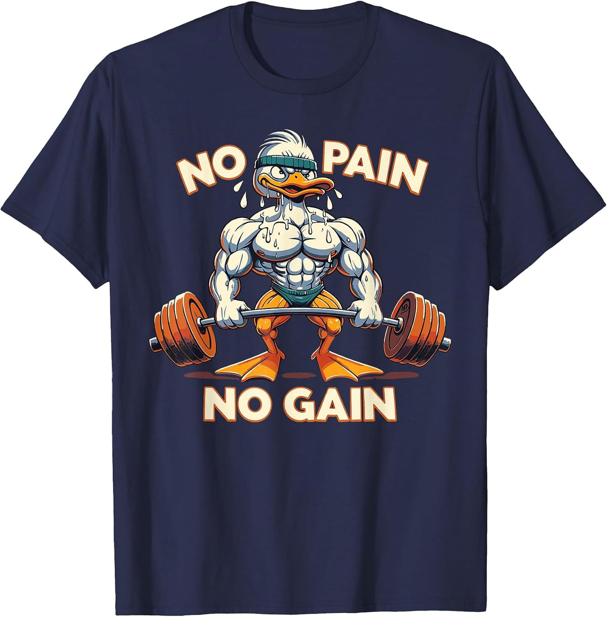 No Pain No Gain - Muscular Funny Duck Weightlifting Workout T-Shirt - Navy Blue