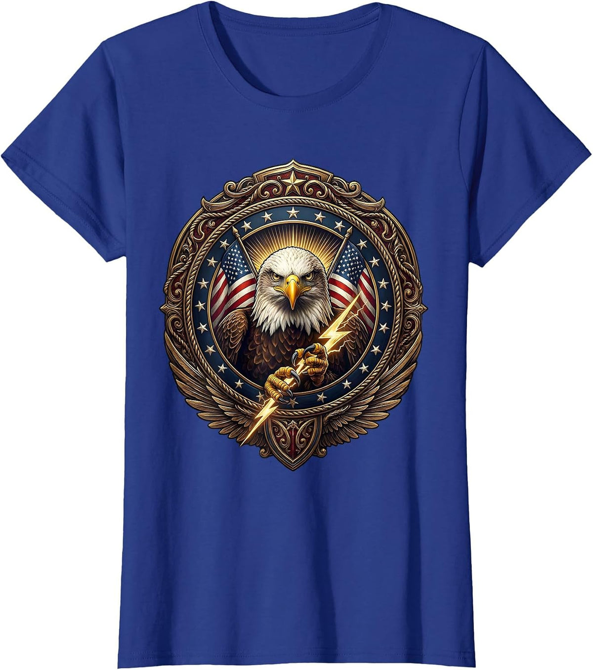 Women's Bald Eagle Lightning Bolt American Power Design T-Shirt - Royal Blue