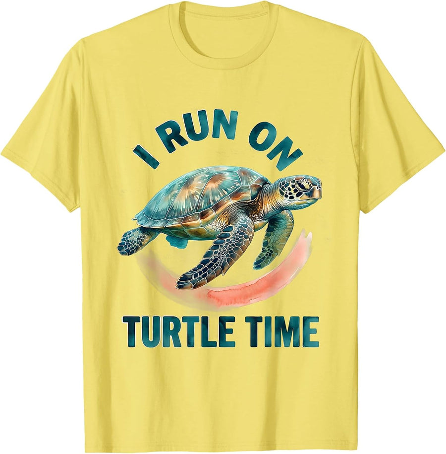 Men's I Run On Turtle Time Watercolor Sea Turtle Ocean Animal T-Shirt - Lemon Yellow
