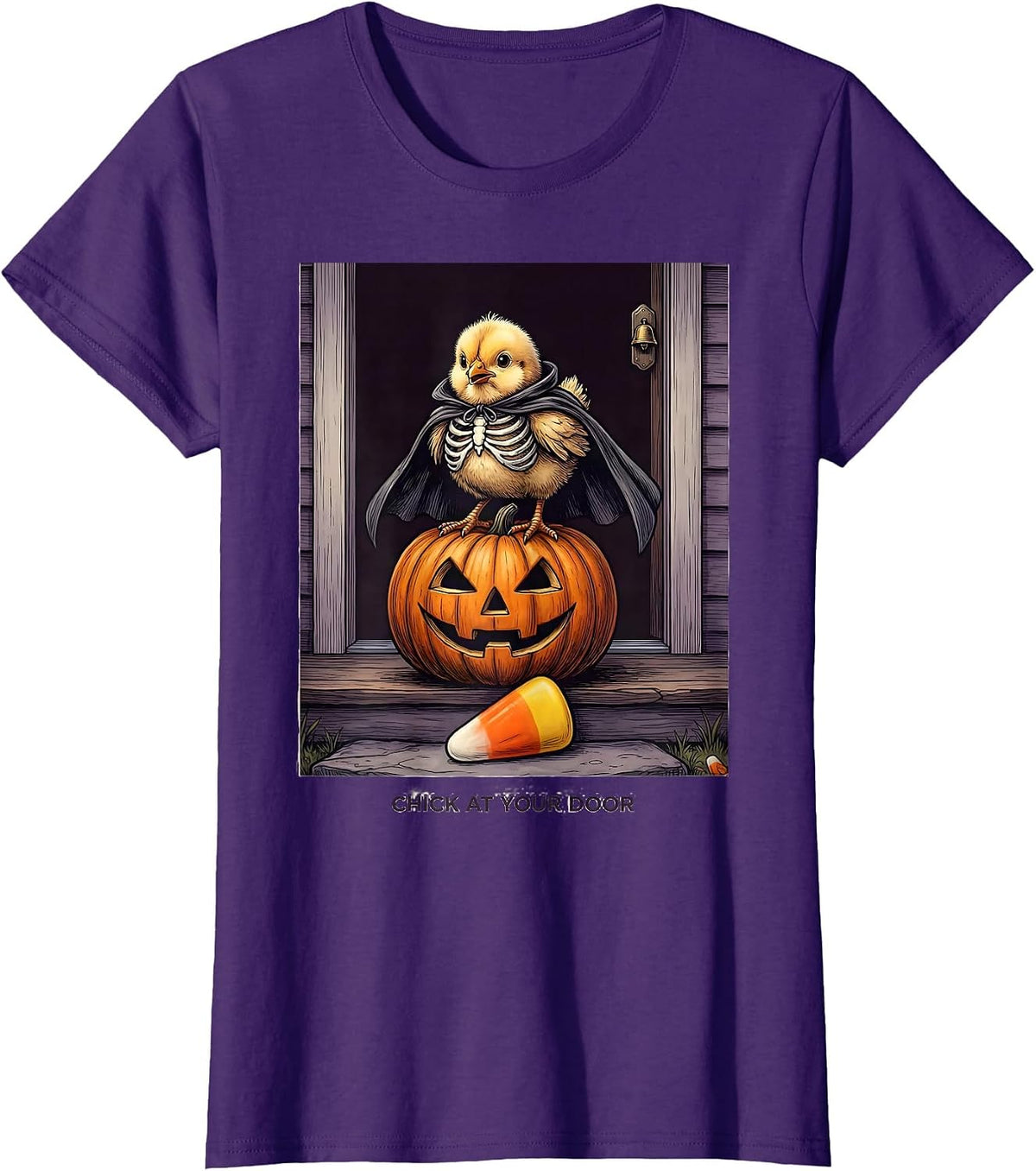 Women's Chick At Your Door Funny Halloween Chicken Lover Costume T-Shirt - Purple
