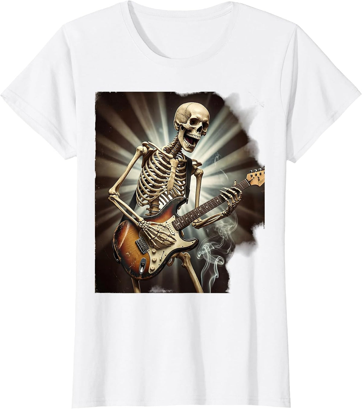 Skeleton Guitarist Shredding on Stage Classic Rock T-Shirt - White