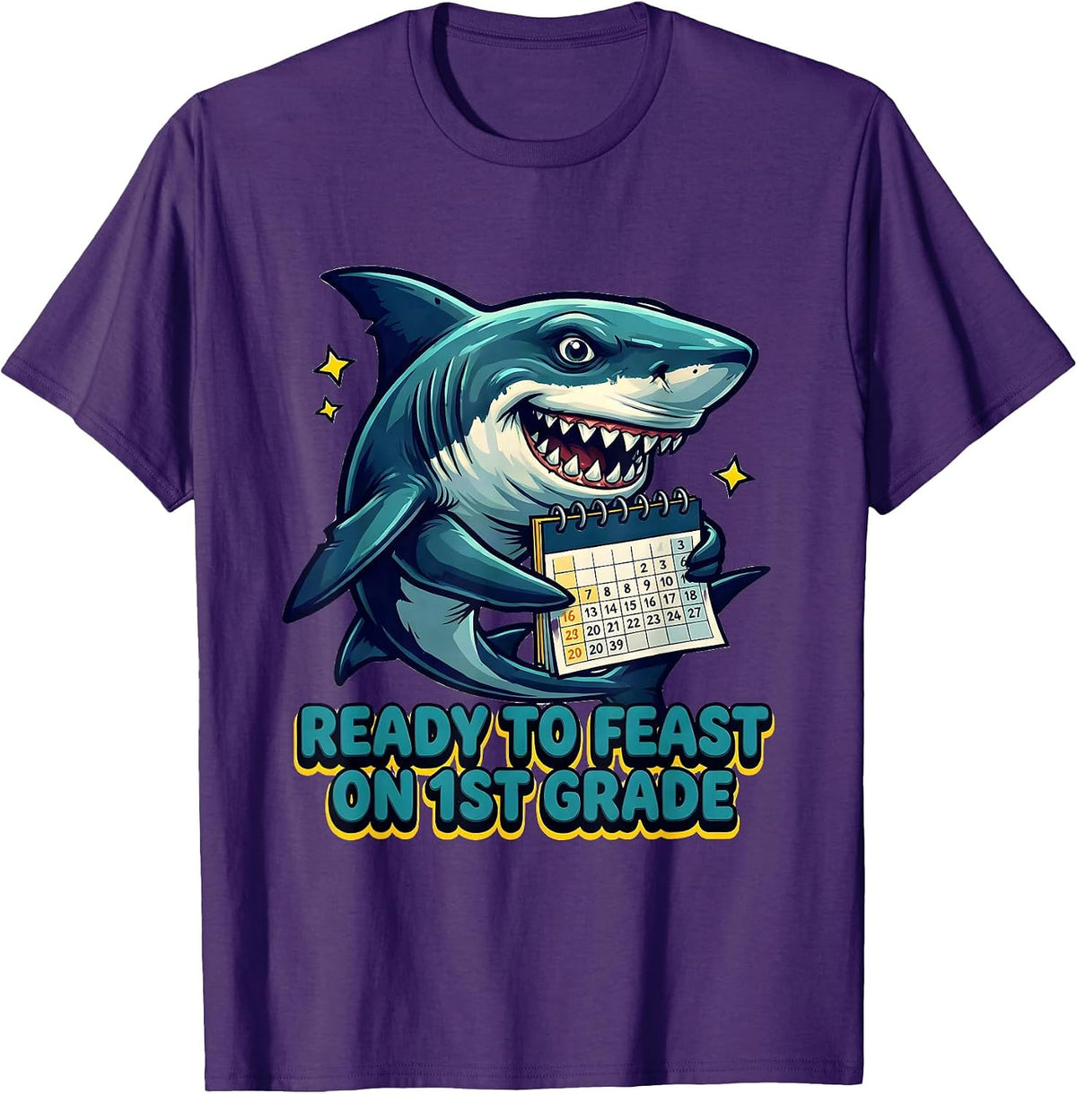 Ready To Feast On 1st Grade Bold Bubbly Shark Back To School T-Shirt - Purple