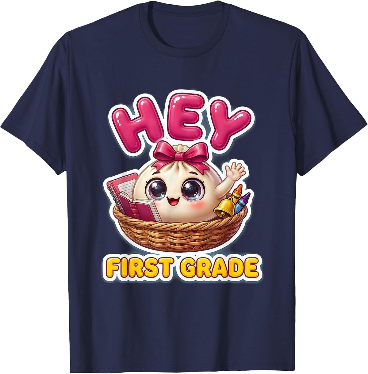 Men's Hey First Grade Cute Dumpling Back to School Girl Teacher T-Shirt - Navy Blue
