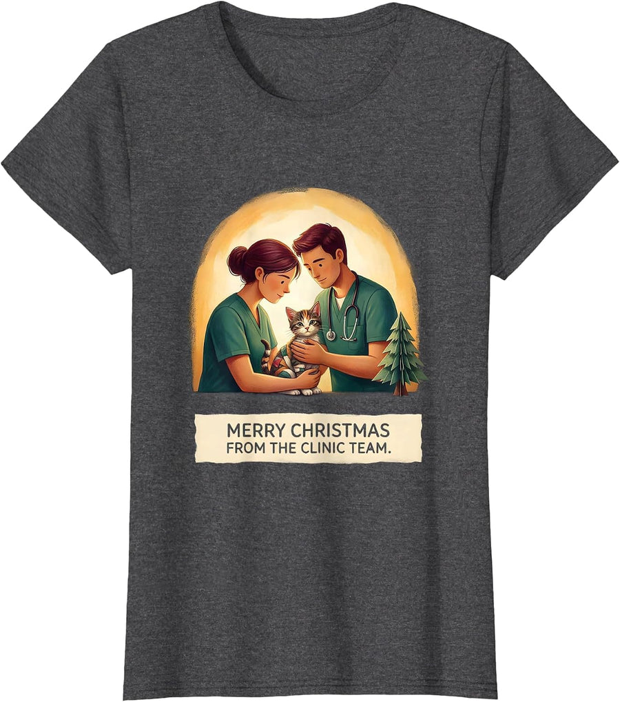 Women's Merry Christmas From The Clinic Team Funny Vet Tech Holiday T-Shirt - Dark Heather Grey