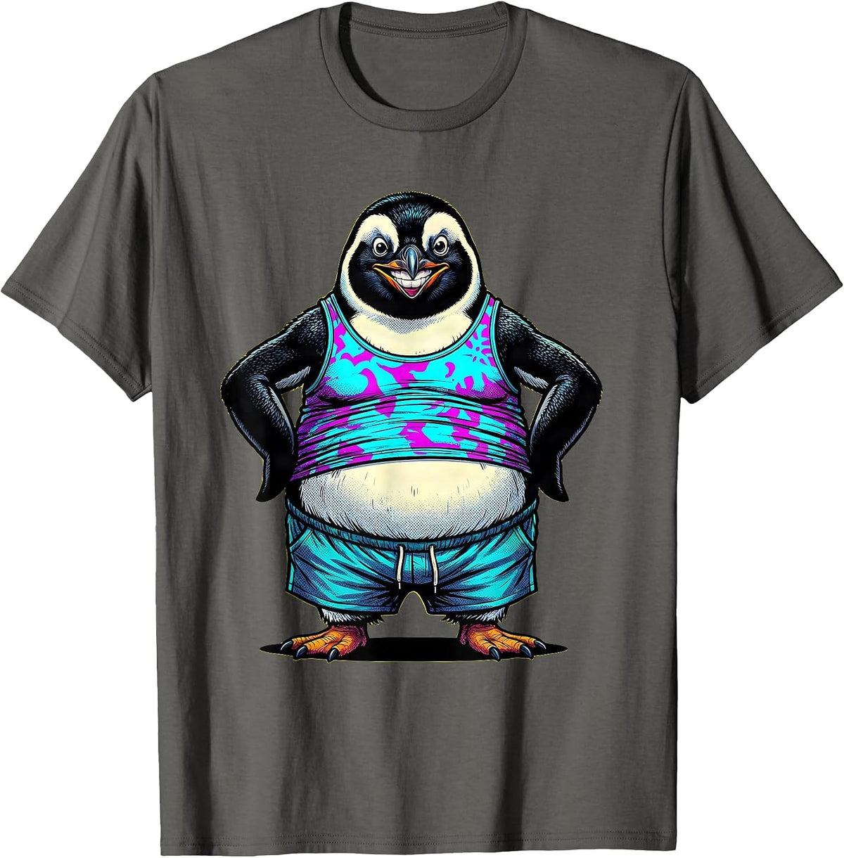 Funny Portly Penguin in Tank Top and Shorts T-Shirt - Asphalt Grey