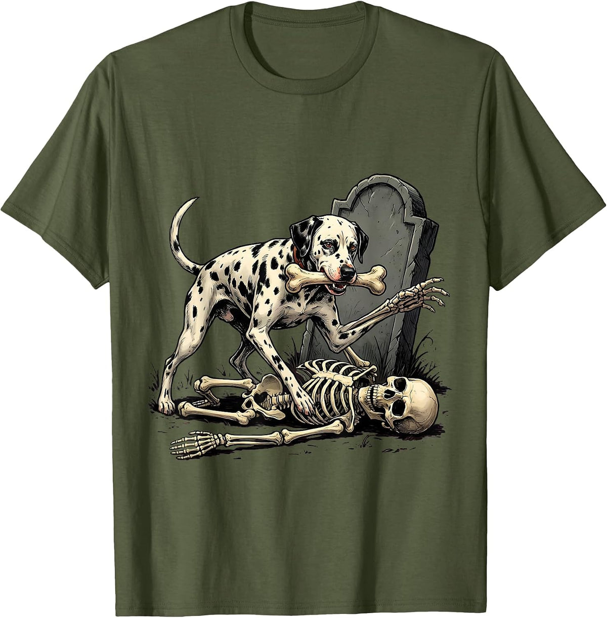 Spotted Dalmatian Chasing Skeleton Funny Dog Mom Halloween T-Shirt - Olive Green