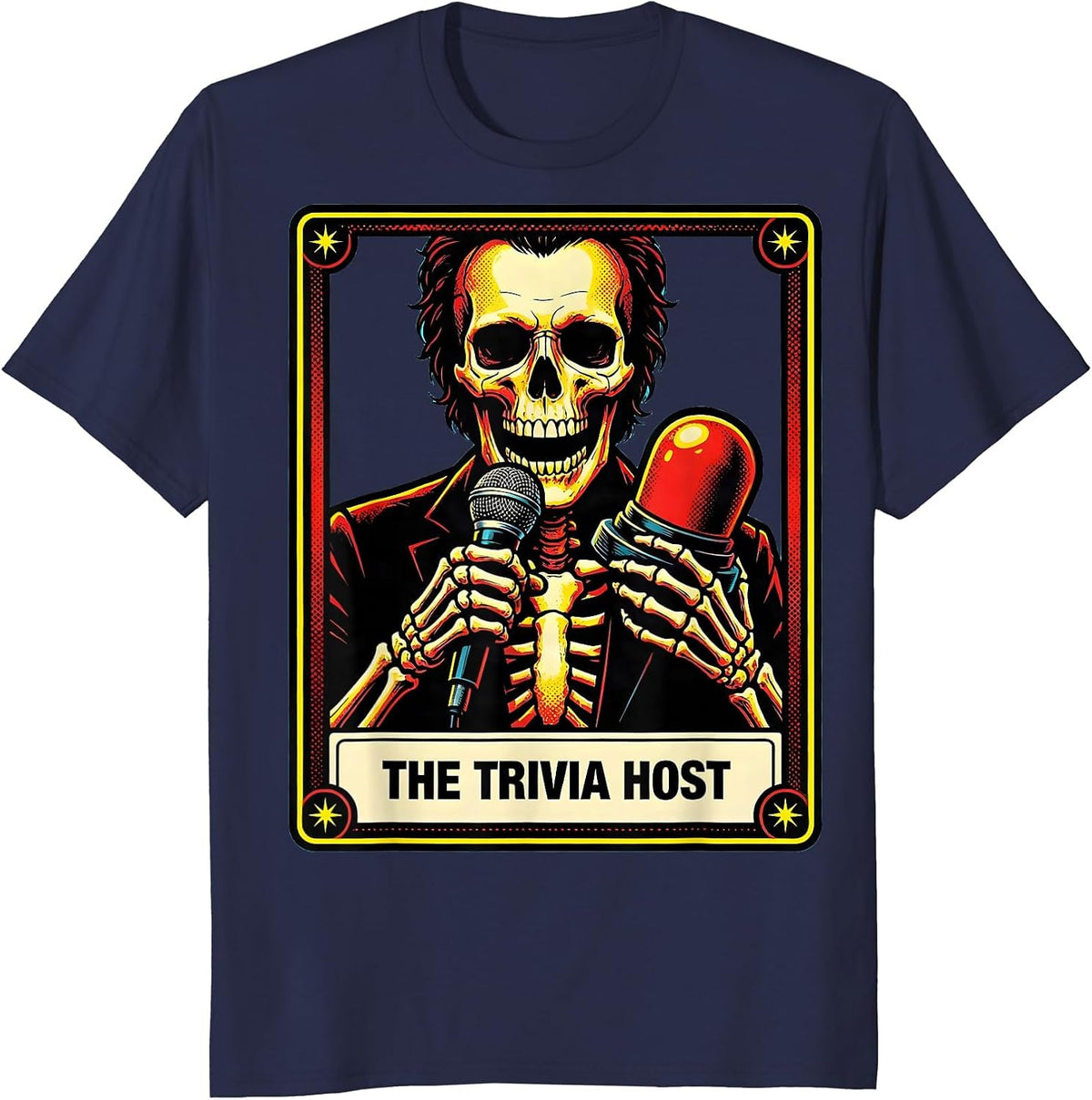 Men's The Trivia Host Pop Art Tarot Card Skeleton Role Humor T-Shirt - Navy Blue