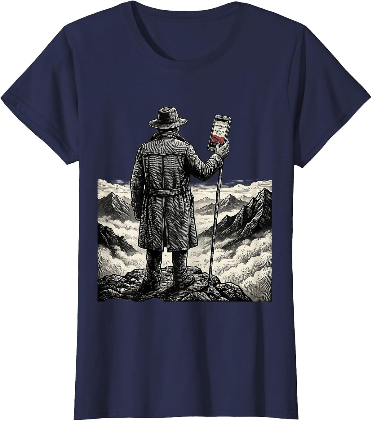 Women's Wanderer On Airplane Mode Woodcut Engraving Art History T-Shirt - Navy Blue