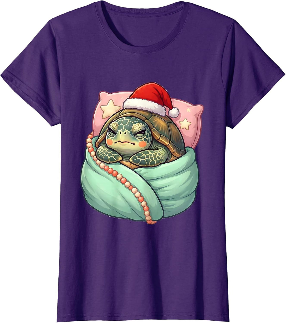 Women's Sea Turtle Santa Hat Cute Kawaii Holiday Pajama T-Shirt - Purple