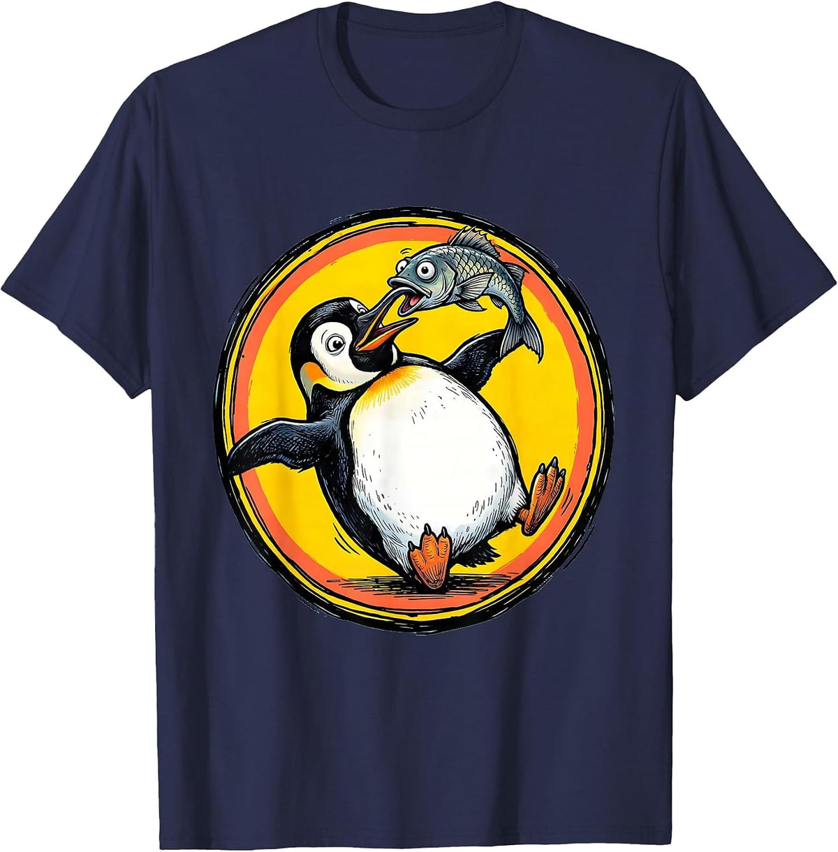 Derpy Penguin Balancing Fish on Its Nose T-Shirt - Navy Blue