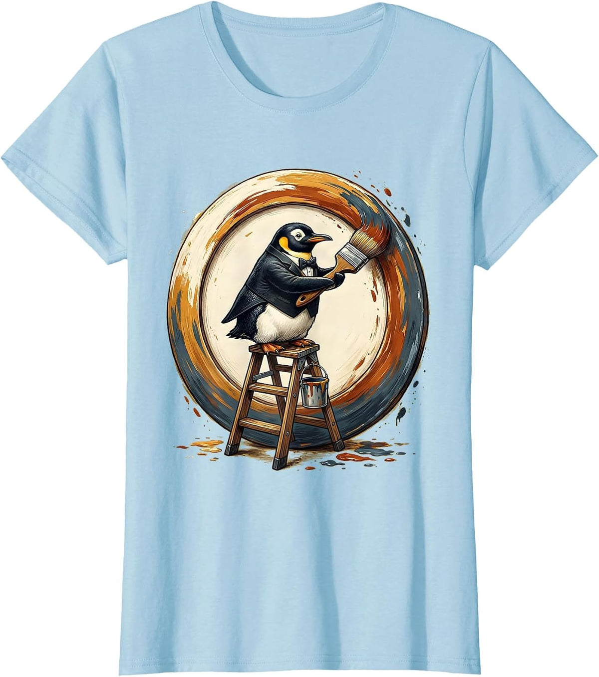 Penguin Painter Mural Art Illustration T-Shirt - Baby Blue