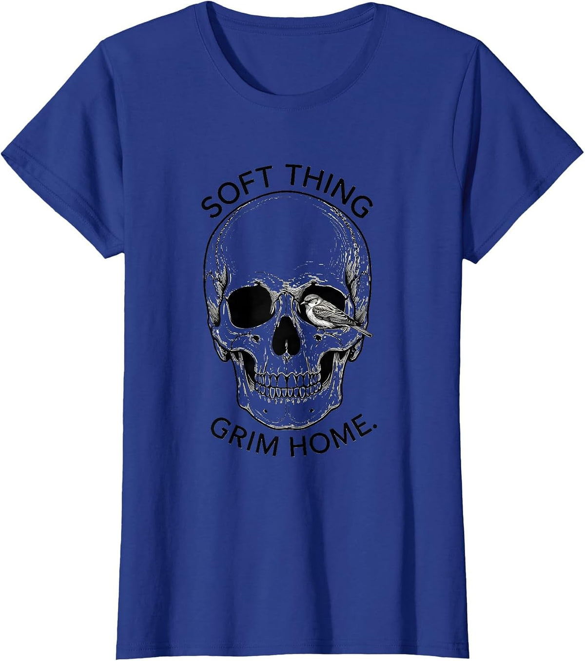 Women's Soft Thing Grim Home Line Art Skull Punk Horror Graphic T-Shirt - Royal Blue