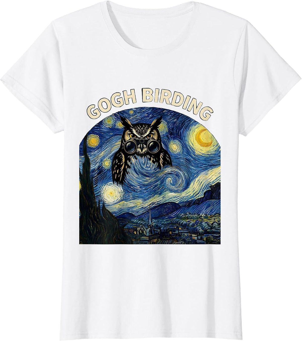 Women's Gogh Birding Funny Owl Van Gogh Starry Night Parody Art T-Shirt - White